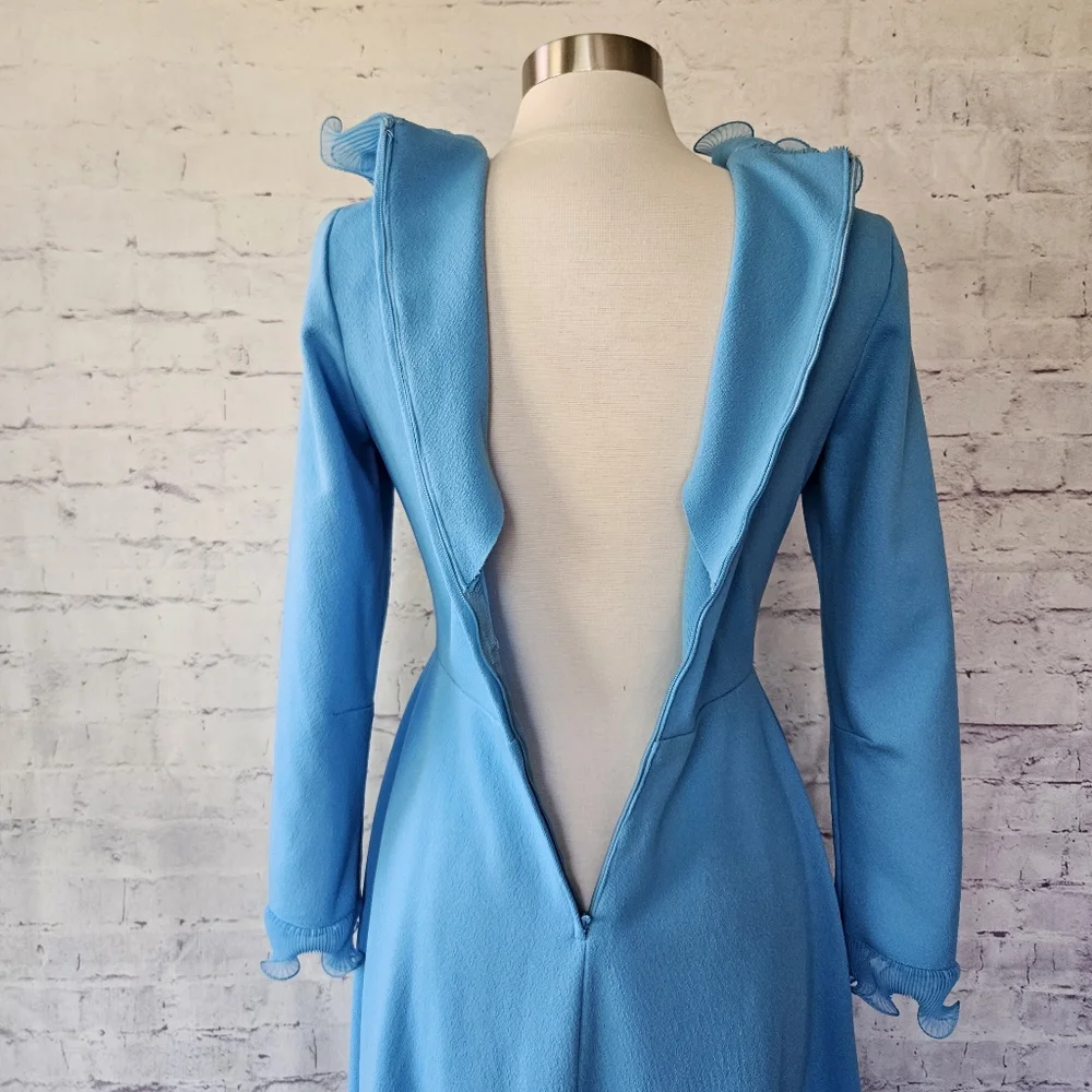 Vintage 70s Sky Blue Micropleat Ruffle Long Sleeve Maxi Dress ILGWU Madein USA - Picture 9 of 12